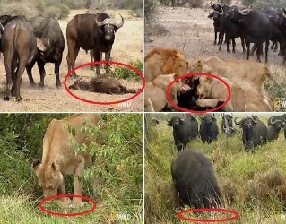 جاموس يقتل ثلاث أشبال أمام أعين أمهم